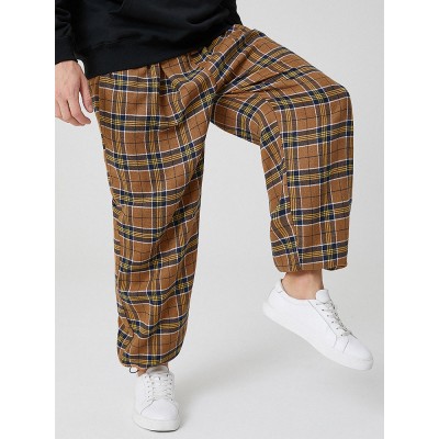 Mens Vintage Plaid Cotton Elastic Waist Drawstring Jogger Pants