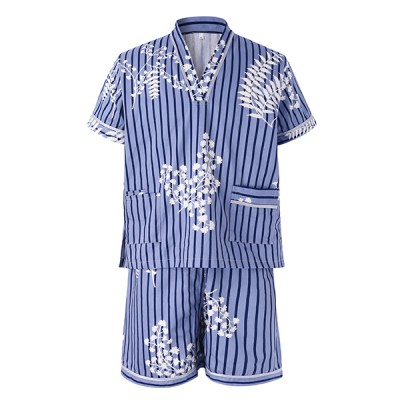 Mens Casual Cotton Khan Steamed Sauna Stripes Printing Sleepwear Suits Hotel Bath Clothes