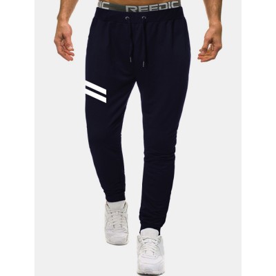 Mens Cotton Sports Striped Drawstring Waist Regular Fit Jogger Pants