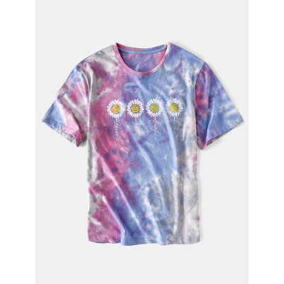 Mens Small Flower Print Tie Dye Round Neck Short Sleeve T  Shirt